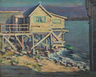 Laszlo Szabo Impressionist Oil on Canvas "Lakeside Cabin on Stilts", mid 20th Century