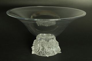 Large Crystal Frosted Rose Pedestal Base Bowl by Shannon, Contemporary