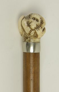 Japanese Carved Bone Monkey Knob Walking Stick, 19th Century