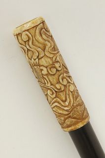 Japanese Dragon Carved Bone Handle Walking Stick, 19th Century