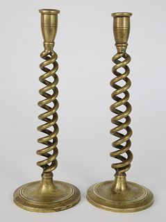 Pair of Antique Brass Barley Twist Candlesticks