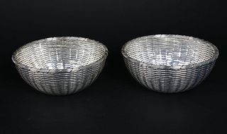 Pair of Christophle France Woven Silver Plated Round Bread Baskets