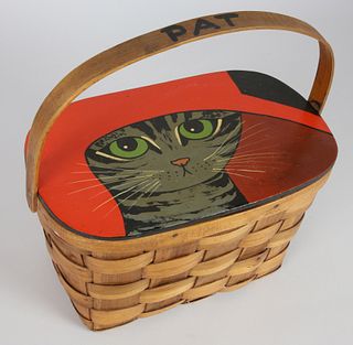 Vintage Maggie Meredith Hand Painted Cat in a Hat Woven Picnic Basket