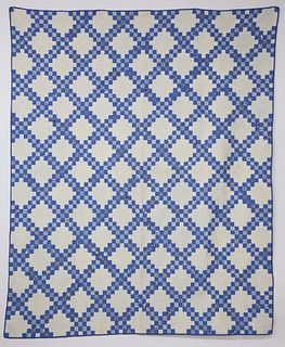 Vintage Blue and White Irish Chain Patchwork Quilt, circa 1930s