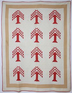 Vintage Red and White Pine Tree Quilt, circa 1930s