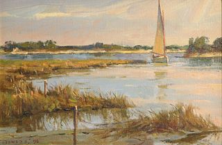 Donald W. Demers Oil on Board "Sloop in Polpis Harbor", circa 1996