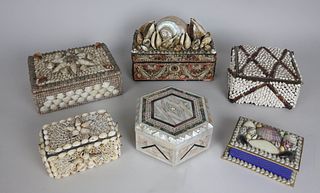 Collection of Five Shellwork Encrusted Boxes, Contemporary and 19th Century