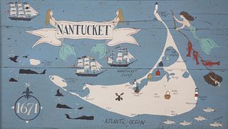 J. L. Discala Polychrome Painted Wood Map of Nantucket Island