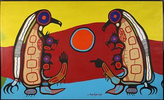 Allen Angeconeb Acrylic on Canvas "Conversation Between Shamans"