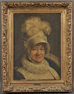 School of Henri François Riesener (French, 1767-1828)      Head of a Woman in a Plumed Bonnet