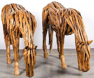 Pair of Life-Size Wood Horse Sculptures