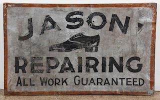 Jason Repairing Vintage Metal Shoe Repair Sign