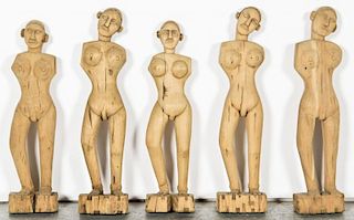 5 Vintage Carved Wood Nudes, India