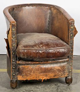 Continental Art Deco Distressed Leather Club Chair