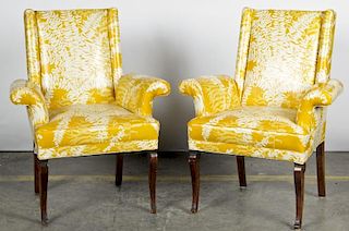 2 Mid C Vinyl Upholstered Chairs in Mustard Photogram Motif