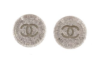 Chanel Silver-tone Crystal Resin CC Round Clip-on Earrings