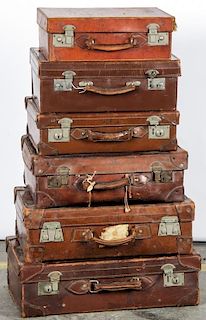 Stack of 6 Vintage English Leather Suitcases