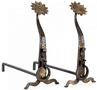 Antique Arts and Crafts Sunflower Andirons