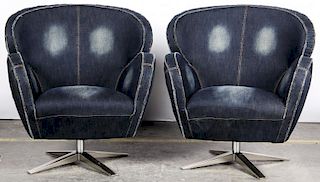2 Modern Denim and Chrome Swivel Chairs