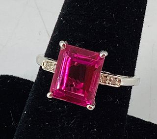 Sterling and Pink Tourmaline Ring with Diamond Accents