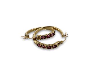 10kt Yellow Gold, Pink Gemstone Hoop Earrings
