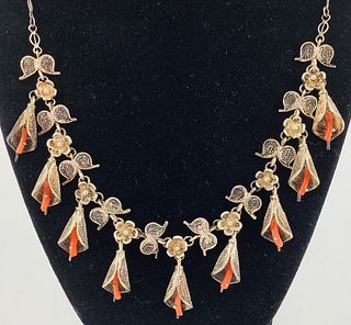 Sterling Silver & Coral Filigree Style Necklace
