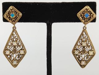 Pair Vintage Gold and Opal Dangle Earrings