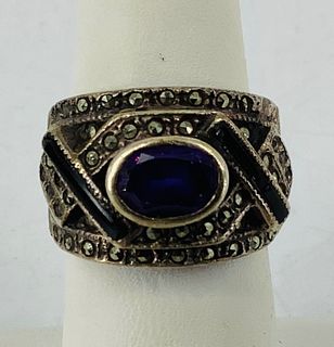 Sterling Silver, Marcasite, Amythest & Onyx Ring