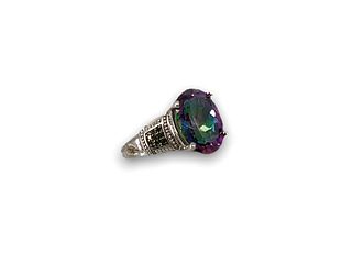 Sterling Silver and Mystic Topaz Stone Ring with Diamonds