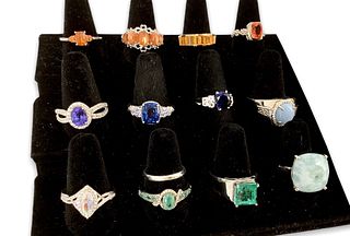 Thirteen Assorted Sterling Silver and Gemstone/Crystal Rings