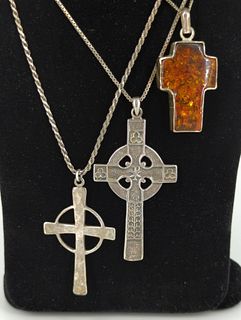 Three Sterling Chain Necklaces with Cross Pendants