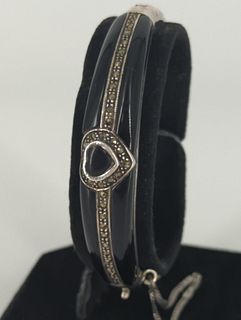 Sterling Silver Bracelet With Marcasite Stones & Black Enamel Inlay