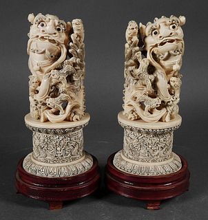 Pair Antique Chinese Carved Ivory Foo Dogs