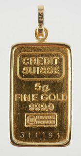 Credit Suisse 5 gram .9999 Fine Gold Bar Pendant