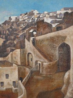 Greek Oil on Canvas, 1940, Signed, Village