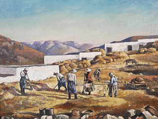 Greek Oil on Canvas, 1940, Signed, Farm