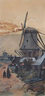 Dutch Windmill Painting, Illegible, WC
