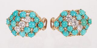 A Pair of 18k Gold, Diamond and Turquoise Earrings