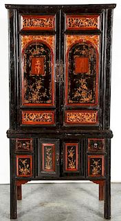 Chinese Carved Wood Cabinet (two part)