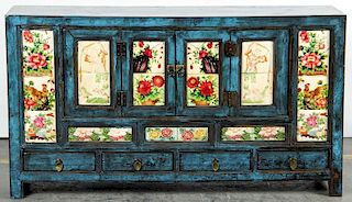 Chinese Blue Lacquer and Tile Sideboard Cabinet