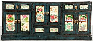 Chinese Green Lacquer Cabinet w/Tiles