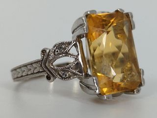 Vintage 14kt White Gold, Citrine & Diamond Ring