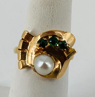 Vintage 14kt Yellow Gold, Pearl & Emerald Ring