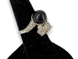 Sterling Feline Ring with Onyx and Crystals