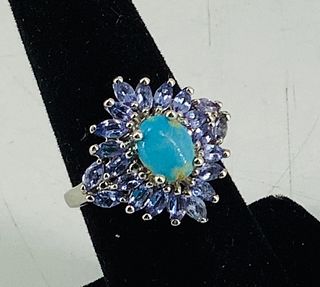 Sterling Silver, Tanzanite, and Mojave Turquoise Stone Ring