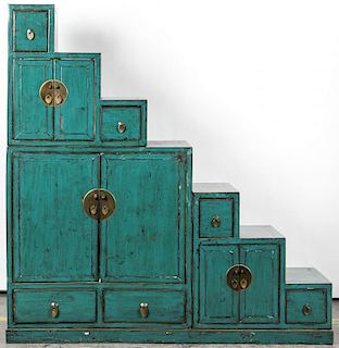 Modern Asian Green Lacquer Stepped Cabinet