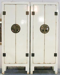 Pair Tall White Lacquer Chinese Cabinets: 102" Ht.
