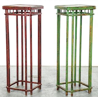 2 Tall Chinese Red/Green Lacquer Plant Stands