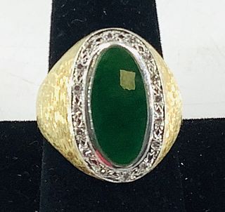 Vintage 14kt Dual Tone Diamond & Jade Ring
