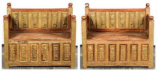2 Indian Wood/Brass Benches with Storage